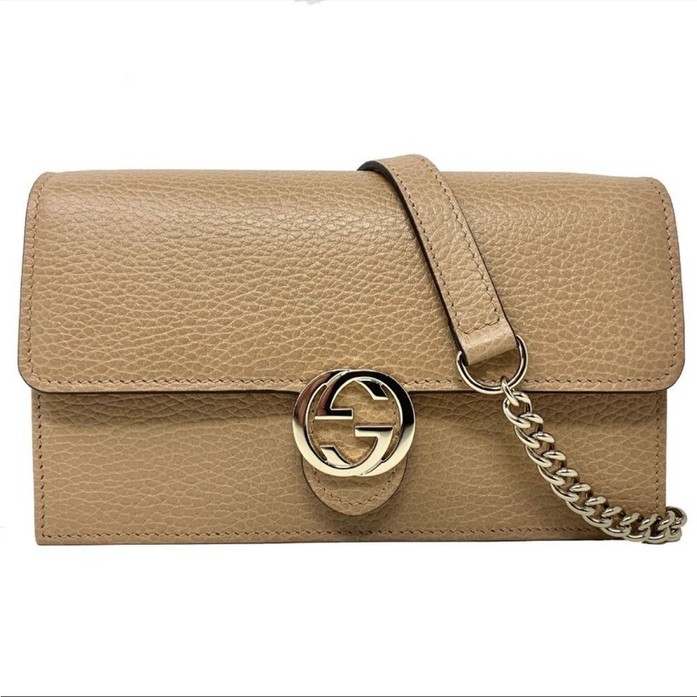 New Gucci Beige Interlocking G Clutch Wallet On Chain Crossbody Shoulder Bag
